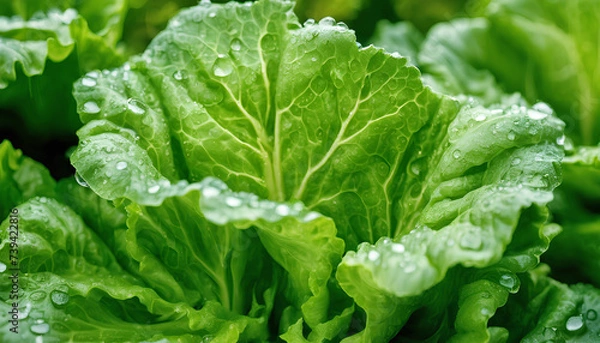 Fototapeta Freshness of Lettuce: Close-Up Image of Crisp Salad Leaves with Dew Drops - Vibrant Greenery and Detailed Texture Perfect for Refreshing Salad Recipes and Farming Promotion - Green Leaf with Drops