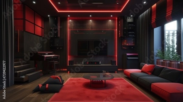 Obraz interior of a modern black and red gaming room in a house