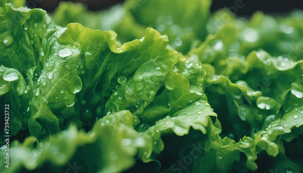 Fototapeta Vibrant Leafy Greens: Close-Up Shot of Fresh Lettuce Leaves with Dew Drops - Perfect for Healthy Vegan Salads and Agriculture Presentations - Green Leaf with Drops