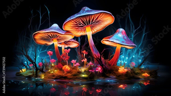 Fototapeta Mushrooms in the forest at night. 3D rendering.
