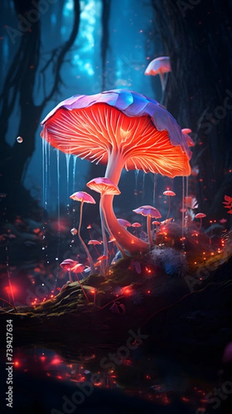 Fototapeta Mushrooms in the forest at night. 3D rendering.