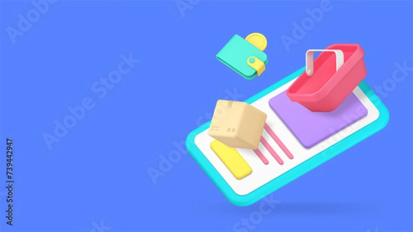 Fototapeta Online shopping smartphone application payment delivery banner copy space 3d icon realistic vector