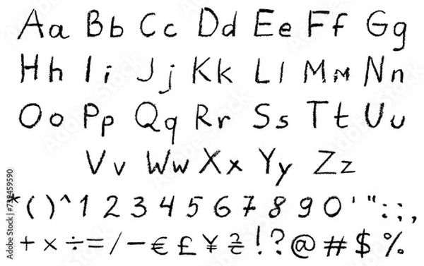 Fototapeta Handwritten alphabet. Chalkboard font, charcoal type for handmade logo, minimalistic typography. Letters, vector typographic design. Charcoal alphabet, charcoal doodles, handwritten numbers