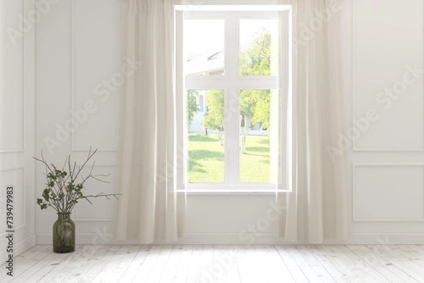 Fototapeta White empty room with summer landscape in window. Scandinavian interior design. 3D illustration