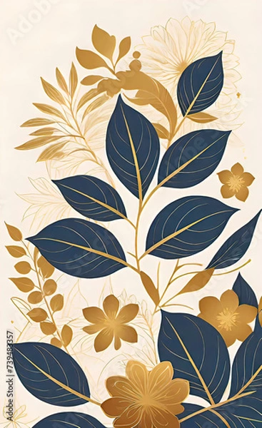 Fototapeta Vector illustration, elegant vintage Japanese leaves with patterns. Pattern of floral gold elements in vintage style for design, floral background and wallpaper,