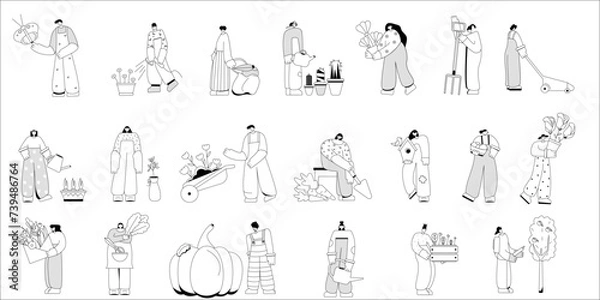 Fototapeta Gardener people set vector isolated illustration set. Modern flat characters working garden and flowers