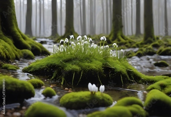 Fototapeta budding springtime river bank of earth on which moss, small seedlings and snowdrops grow between tree roots and pebbles.