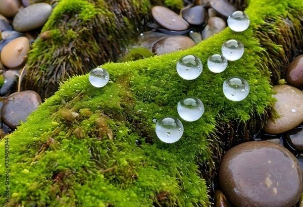 Fototapeta budding springtime river bank of earth on which moss, small seedlings and snowdrops grow between tree roots and pebbles.