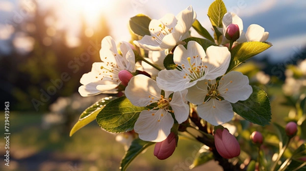Obraz Beautiful orchard background. Close up of apple blossom against the sunlight