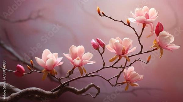 Fototapeta Beautiful floral spring nature background with light bokeh. Close up of magnolia blossom, blurred background