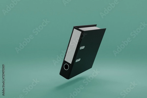 Fototapeta single black folder document binder floating and falling over clean surface; object isolated on infinite background; 3D rednering