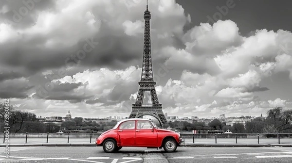 Fototapeta composed artistic image featuring the iconic Eiffel Tower in Paris, France, with a charming red retro car