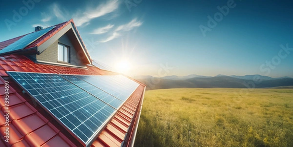 Fototapeta Solar panel on roof of a house. Background with copy space. Banner
