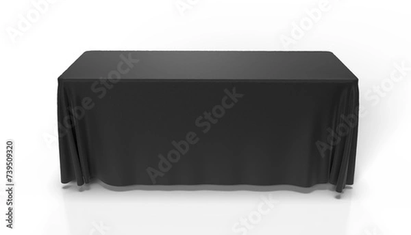 Fototapeta Black Tablecloth draped over a rectangular table and isolated. 3D render illustration for mockups. Top Front View.