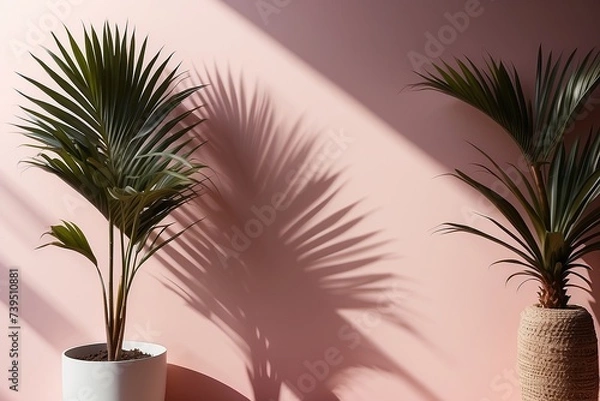 Fototapeta Blurred shadow from palm leaf on the pink wall. Minimal abstract background for product presentation. Spring and summer.