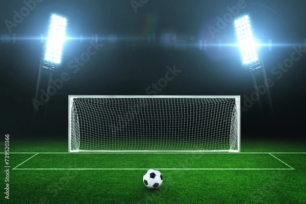 Fototapeta Night football field with green grass, with a goal, a ball and bright spotlights in the dark. Football championship and training. Penalty