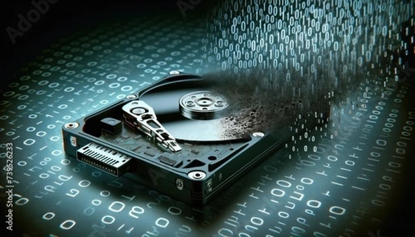 Fototapeta Damaged storage device with binary code vanishing, symbolizing data loss.