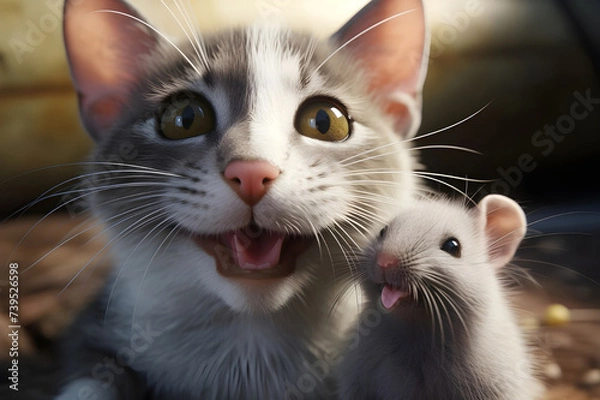 Fototapeta Selfie of Happy mouse and cat together - Ai generated