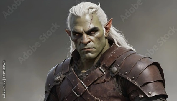 Fototapeta Dungeons and dragons half-orc character portrait, long white hairs, scar on the left side of the head, leather armor, grey background 