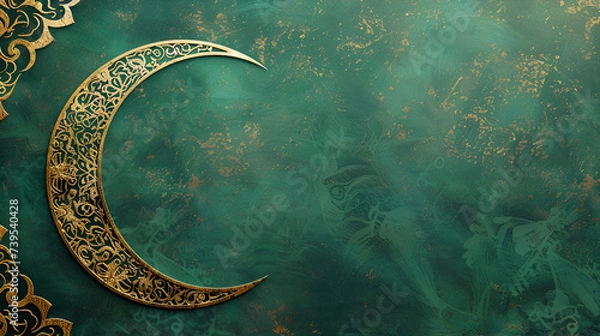 Fototapeta Ramadan banner with copy space, golden crescent on green background with space for text