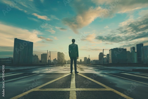 Obraz Businessman standing at crossroads, decisions concept 8k