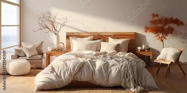 Obraz Soft cream modern elegant bedroom hotel apartment with light window and cozy pillow and bed scene