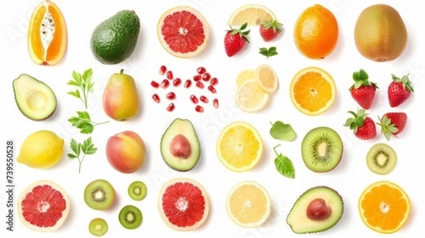 Fototapeta Assortment of different fruits and berries, flat lay, top view, apple, strawberry, pomegranate, mango, avocado, orange, lemon, kiwi, peach isolated on white background