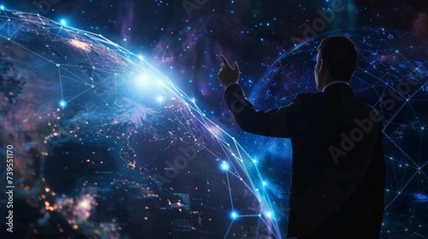 Fototapeta Businessman touching global network and data customer connection on space background