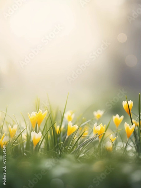 Fototapeta Yellow spring crocuses with grass on a blurred background. Ai generative soft photography in pastel tones with copyspace perfect for poster, cover or seasonal advertising