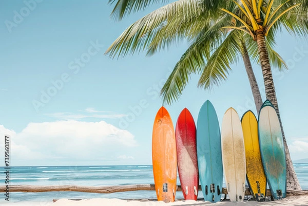Fototapeta Surfboards in contrast on the beach and palm trees 