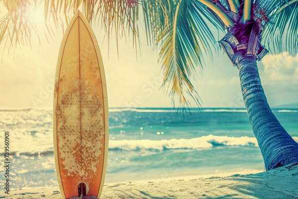 Fototapeta Surfboard in contrast on the beach and palm tree