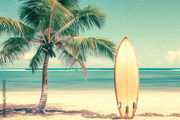 Fototapeta Surfboard  in contrast on the beach and palm tree 