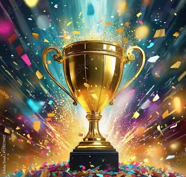 Obraz Trophy Award Background. Achievement success in education awards concept. Golden trophy cup winner on bokeh background. Congratulation in university