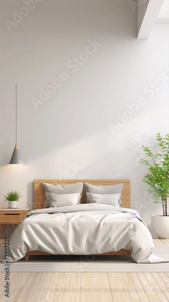 Fototapeta 3D rendering of a bright and airy bedroom with a wooden bed, white bedding, and a potted plant.