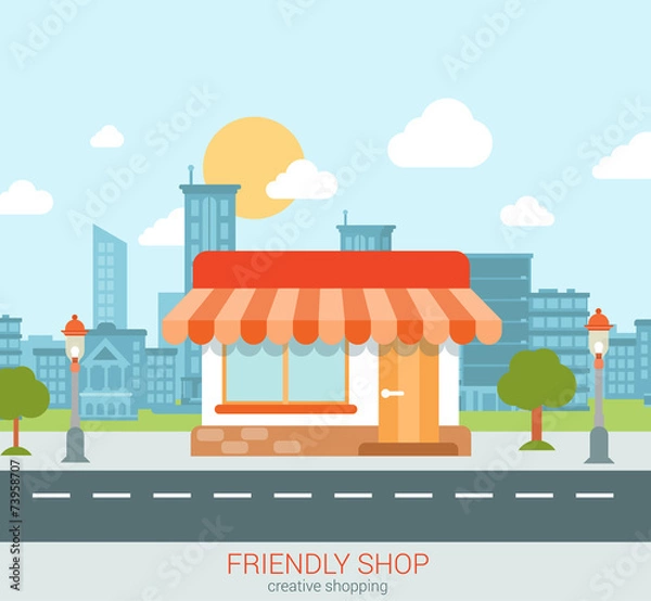 Fototapeta Flat tiny friendly shop small business city web concept vector