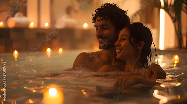 Fototapeta Romantic hispanic couple in love relaxing in hot tub jacuzzi at luxury health spa. Lovers enjoying a romantic spa expierence at a  bubble bath. Canlde light atmosphere.