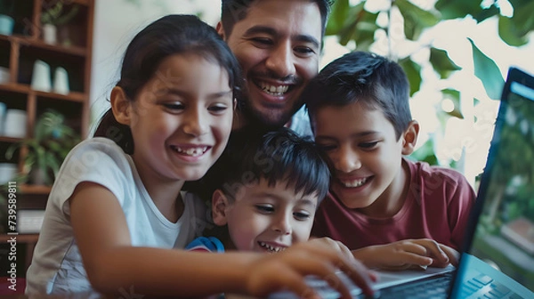 Fototapeta Happy latin parents and two kids enjoying online entertainment with laptop, using Internet technology, application, communication, looking at computer screen together, laughing