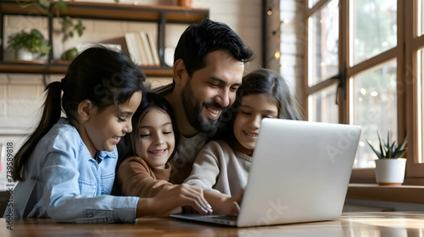 Fototapeta Happy latin parents and two kids enjoying online entertainment with laptop, using Internet technology, application, communication, looking at computer screen together, laughing