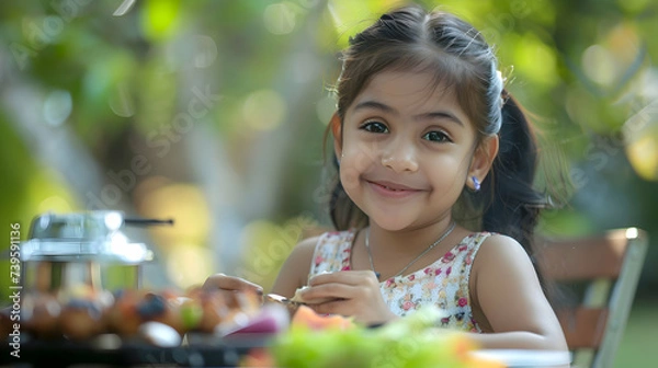 Fototapeta Portrait of a beautiful idian girl sitting at the table at a outdoors summer barbecue party with food and drinks. happy family having a picnic toghether with friends.