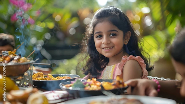 Fototapeta Portrait of a beautiful idian girl sitting at the table at a outdoors summer barbecue party with food and drinks. happy family having a picnic toghether with friends.