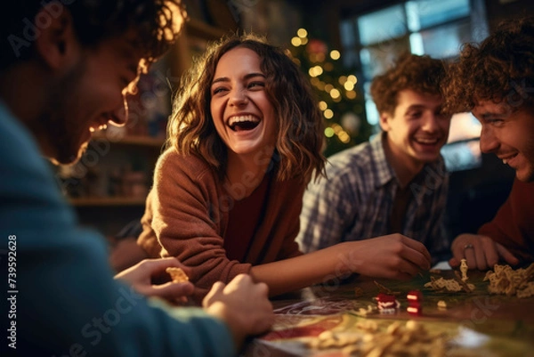 Fototapeta Friends having fun at a board game night.