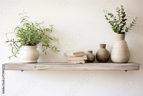 Fototapeta Coastal Chic: White-Washed Wood Floating Shelf Ideas with Seashell Decor for Dreamy Beachy Living Rooms