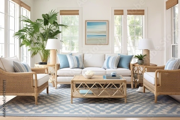 Fototapeta Coastal Bliss: Geometric Rug Patterns with Rattan Furniture and Blue Accents in Modern Living Spaces