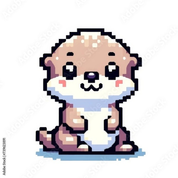 Obraz Pixel art of an otter with a white background, in the style of early 90s video game console, cute 8 bit animal illustration
