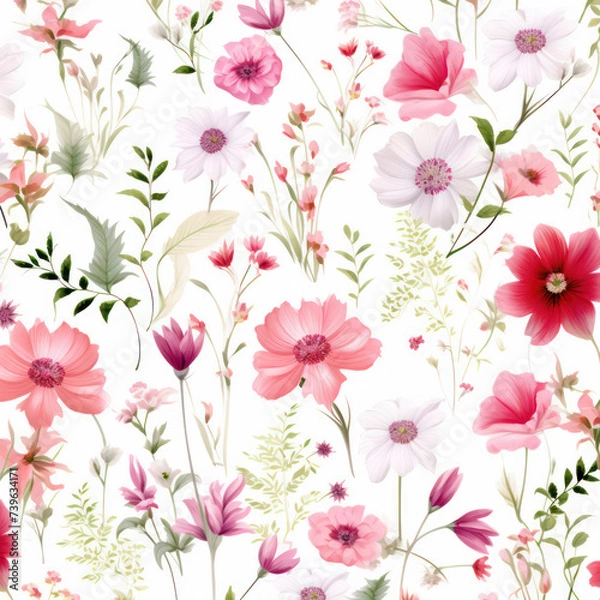 Fototapeta Seamless Floral Watercolor Pattern: A Vibrant Summer Meadow in Vintage Retro Style of Bright Red Poppies and Green Leaves.