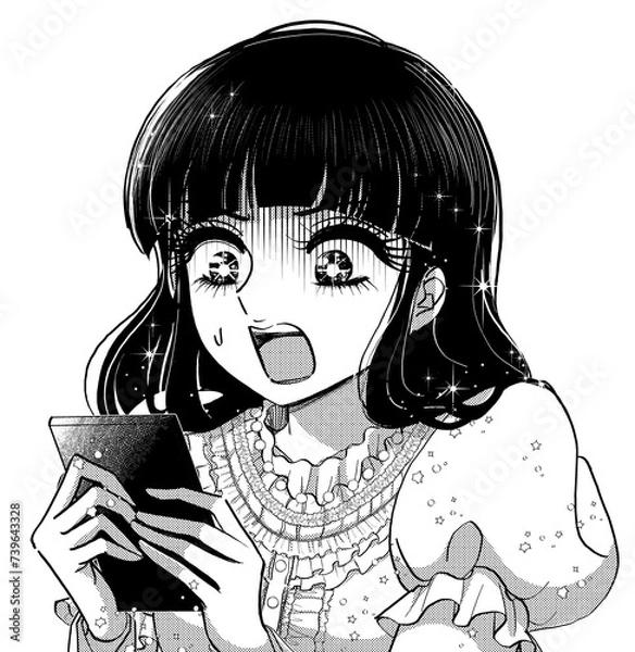 Obraz スマホを見てビックリするお嬢様のレトロ白黒イラスト