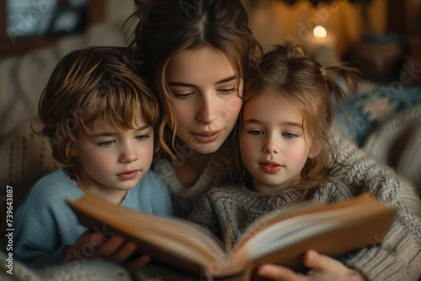 Fototapeta Concept world book day, Mother reads a book to two children. Generative AI.