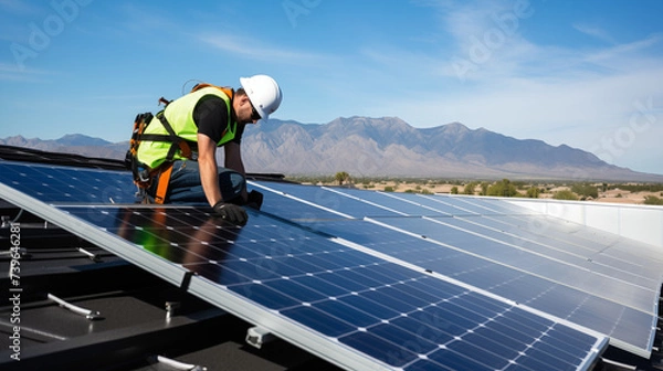 Fototapeta Technician Installing Solar Panels on a Roof