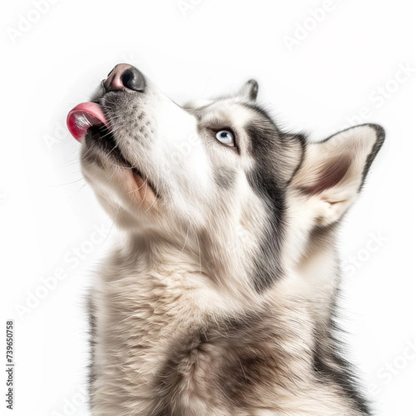 Obraz siberian husky dog look up licking lip hungry adorable