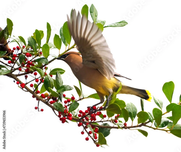 Fototapeta A Close-up of a Cedar Waxwing Landing on a Holly Tree Branch with a White Background